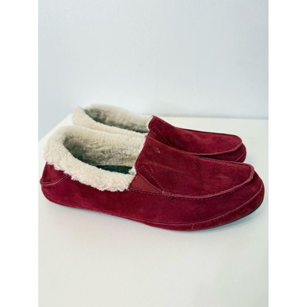 Olukai Red Suede Ku'una Slippers Shearling Lined Women’s Size 9